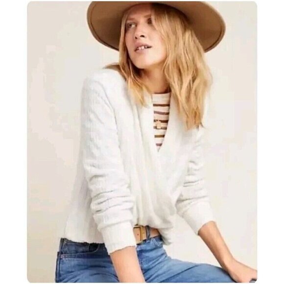 Anthropologie Maeve Rafela Hacci Surplice Top Cream Women’s Size 1X Puff Sleeve - Picture 1 of 12